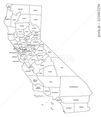 State of California divided into counties, outline map. State in the Western United States on the Pacific Coast, subdivided into 58 counties. Black and white map with county boundaries and names. 122867256