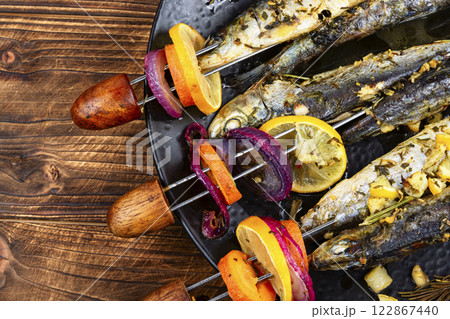 BBQ Fish Skewers. 122867440