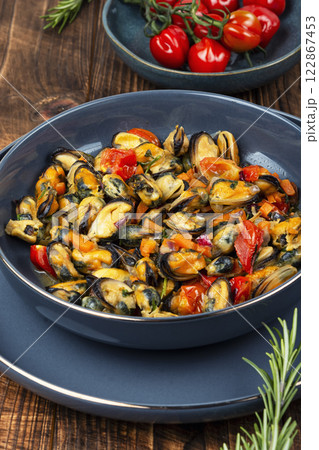 Delicious Fried Mussels, Gourmet Seafood Dish. Delicious Fried Mussels, Gourmet Seafood Dish. 122867453
