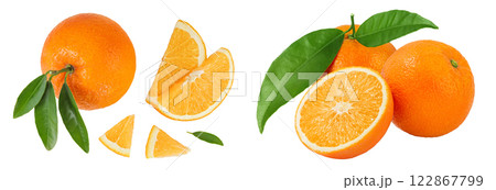 Orange fruit with slices isolated on white background. Top view. Flat lay. 122867799