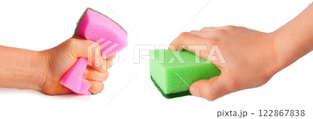 sponge for washing dishes in hand isolated on white sponge for washing dishes in hand isolated on white 122867838