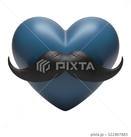 Icon, symbol 3D volumetric matte blue heart with black mustache on transparent background. 122867883