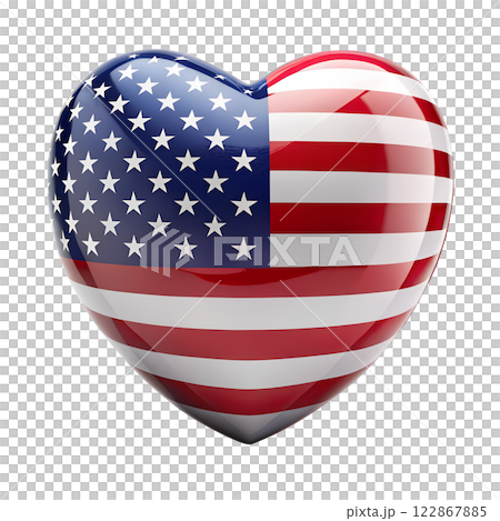 Icon, symbol 3D glossy heart with US flag on transparent background. 122867885