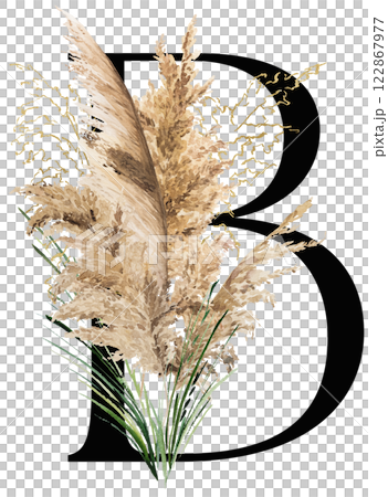Black letter B with watercolor biege and golden dried pampas grass, tropical wedding illustration 122867977