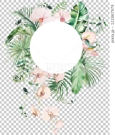 Frame with green watercolor tropical leaves and pink orchid flowers, Wedding isolated illustration 122867978