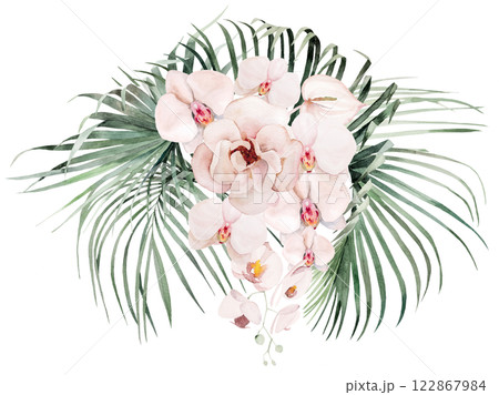 Bouquet with green watercolor tropical leaves and pink orchid flowers, Wedding isolated illustration Bouquet with green watercolor tropical leaves and pink orchid flowers, Wedding isolated illustration 122867984