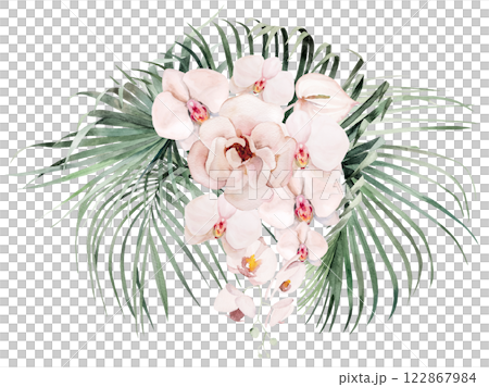 Bouquet with green watercolor tropical leaves and pink orchid flowers, Wedding isolated illustration Bouquet with green watercolor tropical leaves and pink orchid flowers, Wedding isolated illustration 122867984