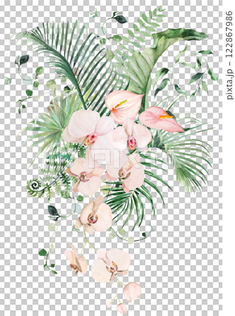 Bouquet with green watercolor tropical leaves and pink orchid flowers, Wedding isolated illustration Bouquet with green watercolor tropical leaves and pink orchid flowers, Wedding isolated illustration 122867986