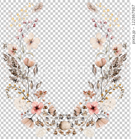 Wreath made with watercolor autumn wild flowers and leaves, Brown and beige wedding illustration 122867987