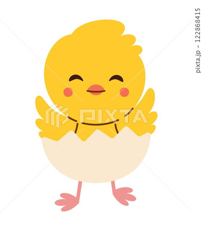 Cute Yellow Baby Chick Hatching from Egg with happy smile. Adorable Easter Illustration. Perfect for Easter, children's products, greeting cards, and festive designs. Cute Yellow Baby Chick Hatching from Egg with happy smile. Adorable Easter Illustration. Perfect for Easter, children's products, greeting cards, and festive designs. 122868415