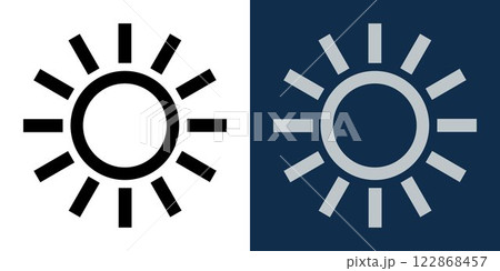 Black and white sun icon on light and dark background. Symbol of brightness and dark mode. Vector illustration for user interface, web design, and mobile applications. 122868457