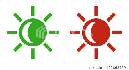 Day and night. Green and red sun icons with the moon. Symbols of brightness and dark mode. Brightness control icons 122868459