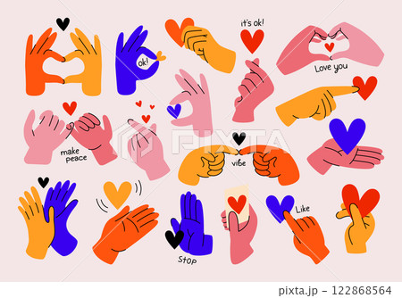 Set of colorful hands with different gestures and signs. Vector illustrations, hands showing love and friendship, different hand positions, heart. Thematic collection in doodle for Valentine's Day. Set of colorful hands with different gestures and signs. Vector illustrations, hands showing love and friendship, different hand positions, heart. Thematic collection in doodle for Valentine's Day. 122868564