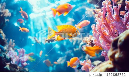 Panoramic view of underwater world with tropical fish Panoramic view of underwater world with tropical fish 122868732
