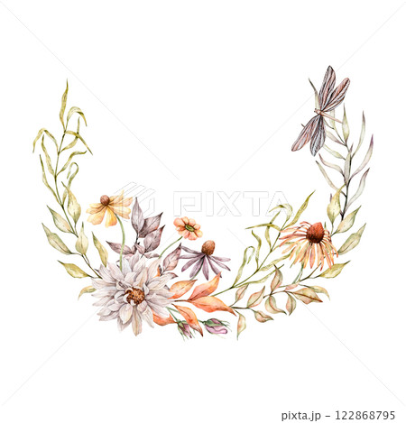 Watercolor wreath of rudbeckia, dahlia, dried leaves and dragonfly. Hand painted asters and coneflowers illustration. Fall plants for greeting cards, wedding invitations, pack, stationary, decorations Watercolor wreath of rudbeckia, dahlia, dried leaves and dragonfly. Hand painted asters and coneflowers illustration. Fall plants for greeting cards, wedding invitations, pack, stationary, decorations 122868795