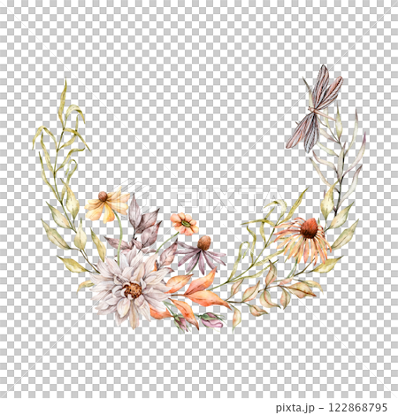 Watercolor wreath of rudbeckia, dahlia, dried leaves and dragonfly. Hand painted asters and coneflowers illustration. Fall plants for greeting cards, wedding invitations, pack, stationary, decorations Watercolor wreath of rudbeckia, dahlia, dried leaves and dragonfly. Hand painted asters and coneflowers illustration. Fall plants for greeting cards, wedding invitations, pack, stationary, decorations 122868795