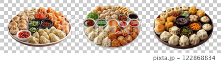 Three platters of assorted dim sum and dipping sauces are isolated on a transparent background. 122868834
