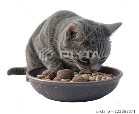 A gray tabby cat is eating from a bowl of dry and wet cat food, isolated on a transparent background. 122868871