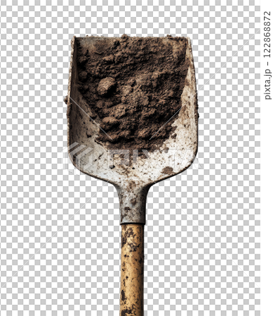 A shovel filled with dirt is isolated on a transparent background. 122868872