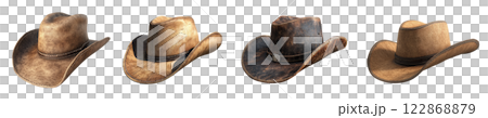 Four brown cowboy hats, in varying shades and conditions, are isolated on a transparent background. 122868879