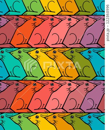 Seamless rainbow rabbit pattern in Escher style with alternating rows 122868996