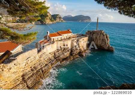 View of the ancient fort on the rocks in Petrovac, Montenegro in winter time 122869010