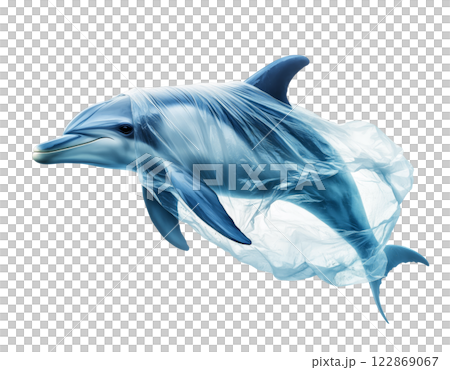 A dolphin entangled in plastic waste is isolated on a transparent background, symbolizing ocean pollution. 122869067