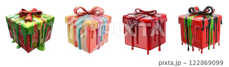 A row of four wrapped gifts, each dripping with vibrant paint, isolated on a transparent background. 122869099