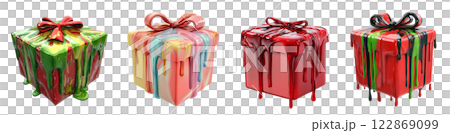 A row of four wrapped gifts, each dripping with vibrant paint, isolated on a transparent background. 122869099
