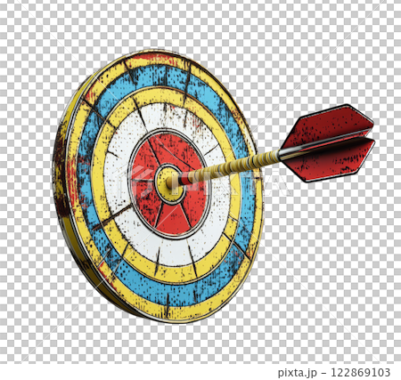 A weathered dartboard with a red dart piercing its bullseye, isolated on a transparent background. A weathered dartboard with a red dart piercing its bullseye, isolated on a transparent background. 122869103