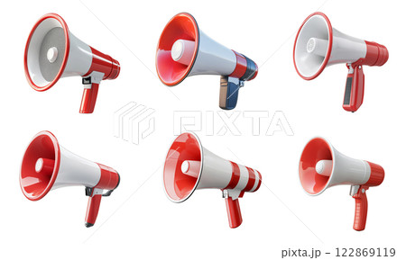 A collection of seven megaphones in various angles and styles, isolated on a transparent background. 122869119