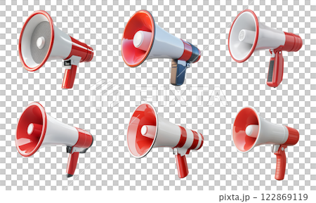 A collection of seven megaphones in various angles and styles, isolated on a transparent background. 122869119