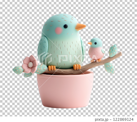 Two stylized birds perched on a branch emerging from a pot, are isolated on a transparent background. 122869124