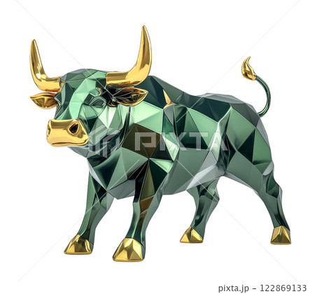 A majestic, green, polygonal bull sculpture with golden accents, isolated on a transparent background. A majestic, green, polygonal bull sculpture with golden accents, isolated on a transparent background. 122869133