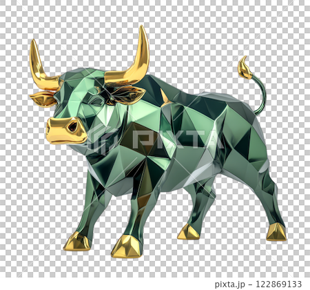 A majestic, green, polygonal bull sculpture with golden accents, isolated on a transparent background. A majestic, green, polygonal bull sculpture with golden accents, isolated on a transparent background. 122869133
