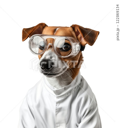 A Jack Russell Terrier wearing safety goggles and a lab coat is isolated on a transparent background. 122869134