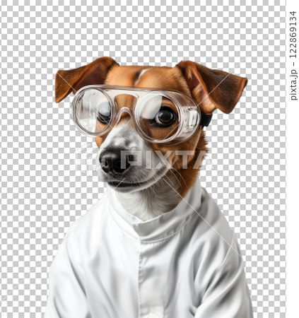 A Jack Russell Terrier wearing safety goggles and a lab coat is isolated on a transparent background. 122869134