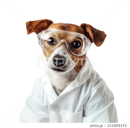 A Jack Russell Terrier wearing safety goggles and a lab coat, isolated on a transparent background. 122869143