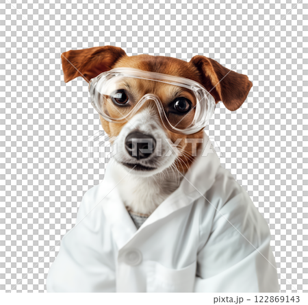 A Jack Russell Terrier wearing safety goggles and a lab coat, isolated on a transparent background. 122869143