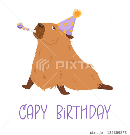 Happy birthday funny capybara. Cartoon capybara character design Happy birthday funny capybara. Cartoon capybara character design 122869278
