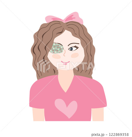 Cute little girl with an eye closed with sticking eye plaster. Amblyopia, strabismus, or lazy eye treatment. Isolated vector illustration 122869358
