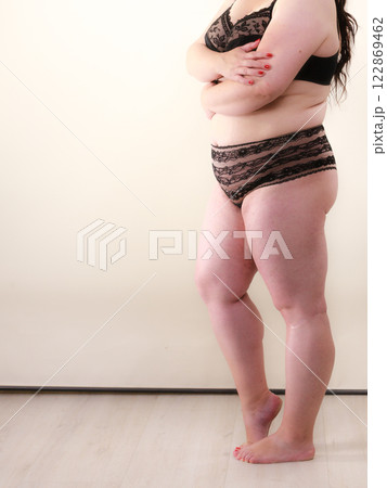 Full body of fat adult woman in lingerie 122869462