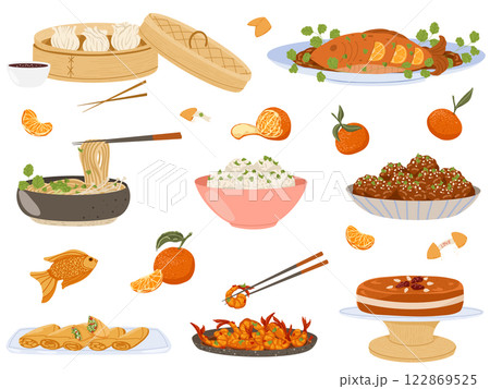 Asian food set. Asian traditional cuisine with various dishes. Vector flat illustration Asian food set. Asian traditional cuisine with various dishes. Vector flat illustration 122869525