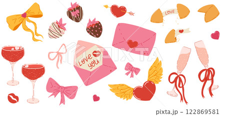 Valentine's Day stickers set. Hearts, gift, champagne glasses, mail, strawberry, bows, fortune cookie Valentine's Day stickers set. Hearts, gift, champagne glasses, mail, strawberry, bows, fortune cookie 122869581