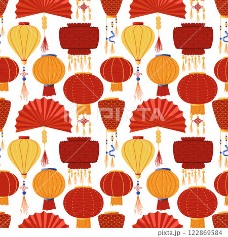 Chinese colorful lanterns on white background seamless pattern Chinese colorful lanterns on white background seamless pattern 122869584