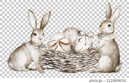 Watercolor illustration cute bunnies are sitting next to the nest where the Easter eggs are lying. Hand drawn rabbits for religious design. Vintage drawing logo. Holiday decal on isolated background. Watercolor illustration cute bunnies are sitting next to the nest where the Easter eggs are lying. Hand drawn rabbits for religious design. Vintage drawing logo. Holiday decal on isolated background. 122869638
