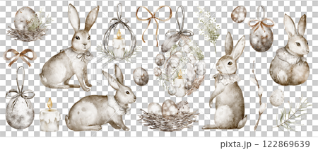 Watercolor set Easter bunnies celebration design. Hand drawn illustration Easter eggs with cute rabbits for religious design. Vintage drawing for icon or logo. Holiday decals on isolated background. Watercolor set Easter bunnies celebration design. Hand drawn illustration Easter eggs with cute rabbits for religious design. Vintage drawing for icon or logo. Holiday decals on isolated background. 122869639