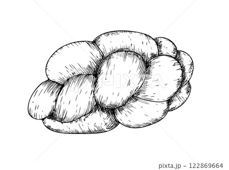 Vector bread braid. Graphic ink loaf food, bakery baget, pastry grain, cereal cake. Bun illustration isolated on background. Hand drawn line sketch. For designers, prints, logo, icon, menu, postcards 122869664