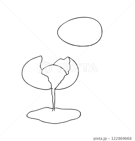 Vector broken raw egg with yolk. Graphic ink Eggshell illustration isolated on background. Hand drawn line sketch. For designers, prints, logo, icon, menu, postcards, holiday, covers 122869668