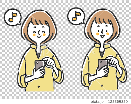 A woman in a good mood operating a smartphone, upper body, vector 122869820